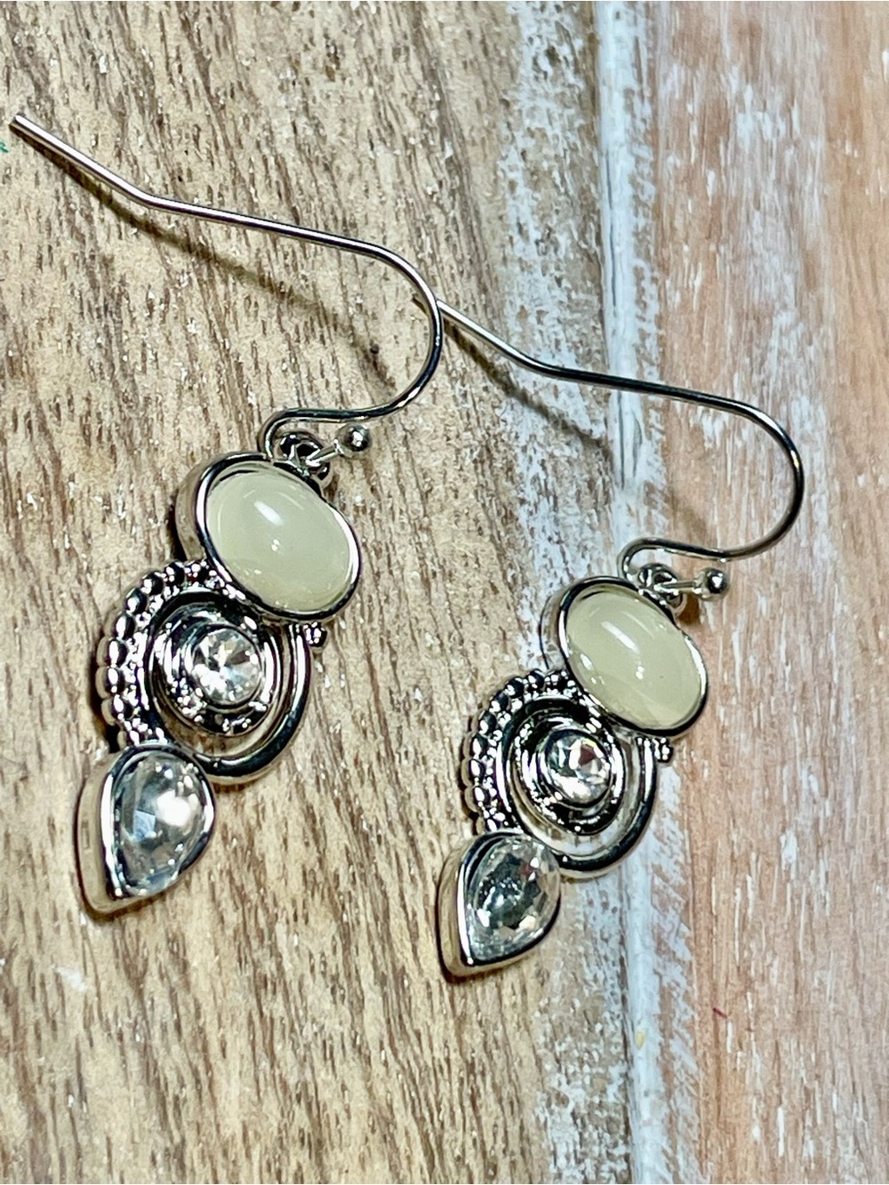 Small Cream Cabochon & Clear Crystal Silver Dangle Earrings